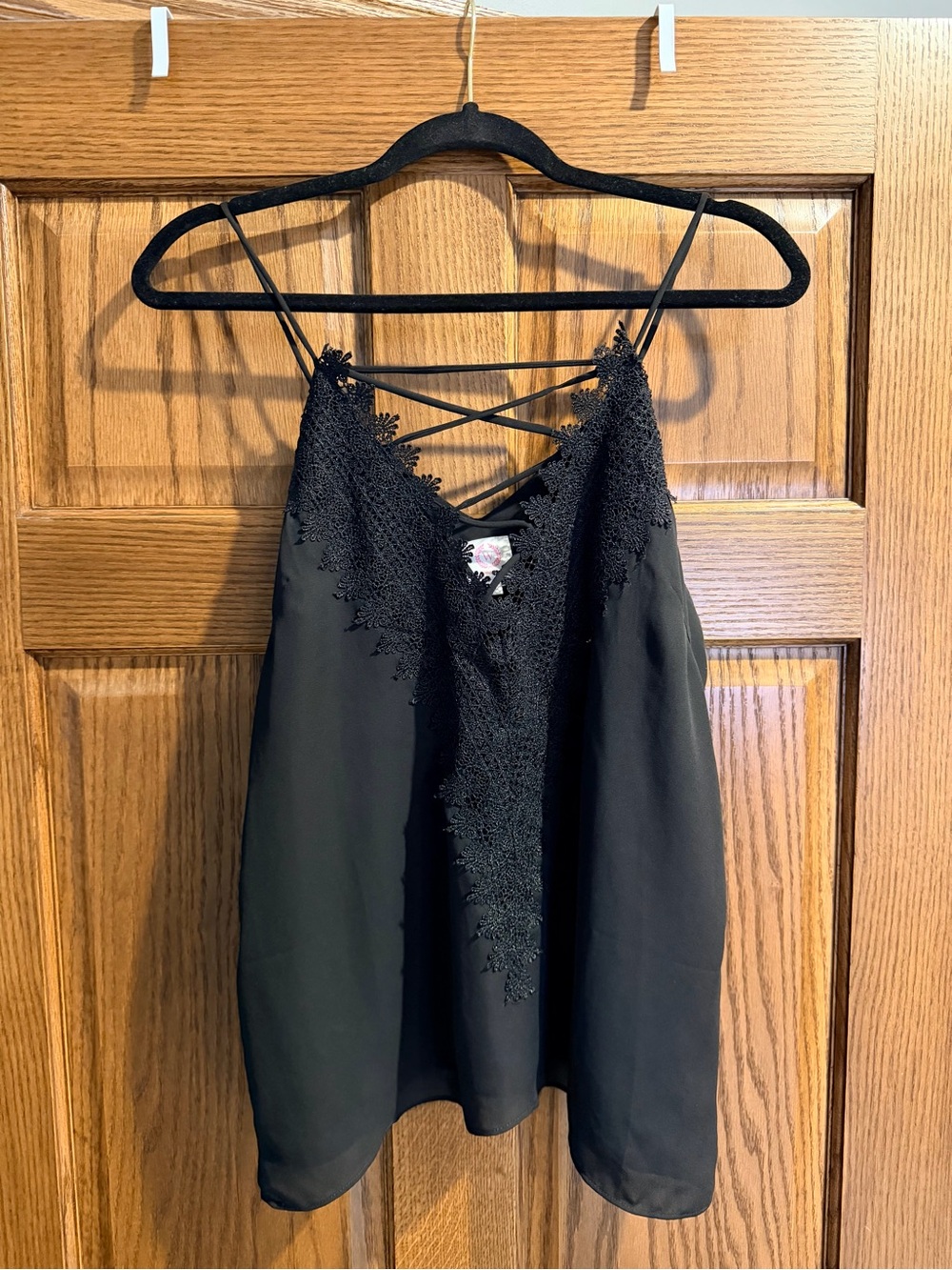 Black Lace-Trim Spaghetti Strap Cami with Crisscross Back